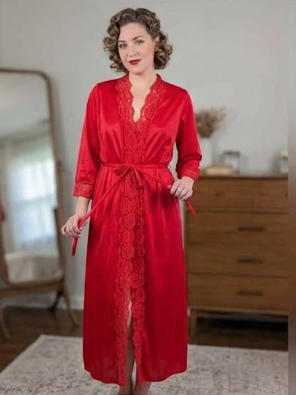 Adonna Vintage Long Red Lace Trim Robe Medium with Belt Tie Intimates
